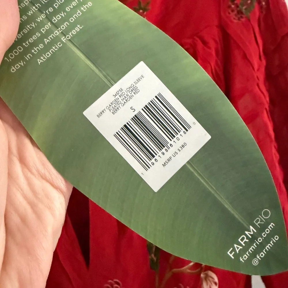 Farm Rio Berry Garden Red Floral Long Sleeve Pleated Maxi Dress Small NWT 310758 - Picture 8 of 9